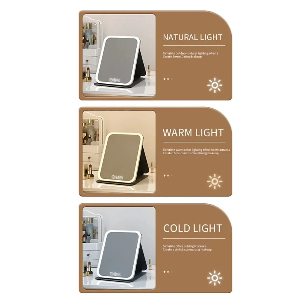 The Spotlight LED travel makeup mirror in natural, warm, and cool light